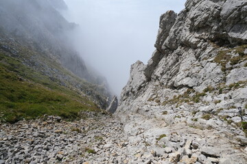 Steep descent on a Swiss mountain hiking trail.
