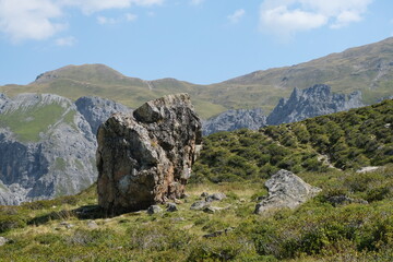 Freestanding Rock or Boulder in Swiss Alps, on Meadow in Font of Mountains and a Blue Sky.