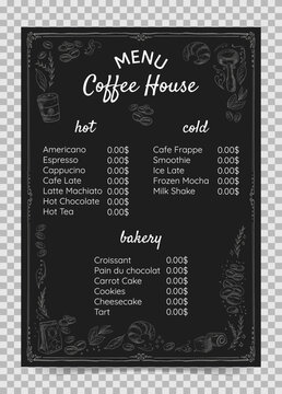 Vector menu for coffee shop. Coffee price list on black background
