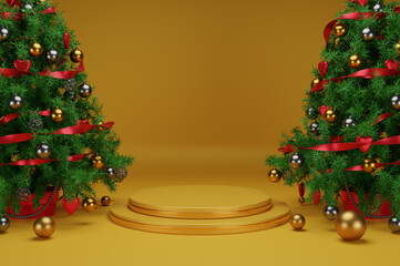 3d render of podium at christmas concept with traditional decoration