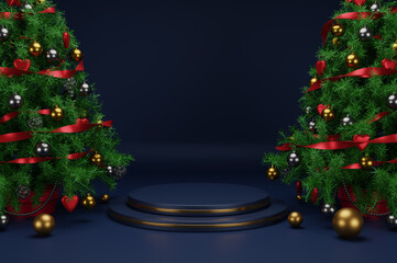 3d render of podium at christmas concept with traditional decoration