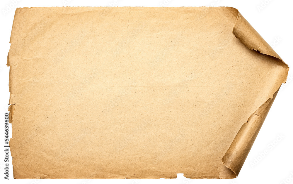 Poster ancient scroll isolated on white background. texture of paper manuscript with shabby edges