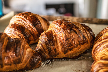 Fresh warm croissants on a baking sheet baked in the oven. View through the glass door. Selective focus.