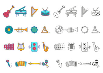 Color And Black and White Musical Instruments Vector Icons Collection