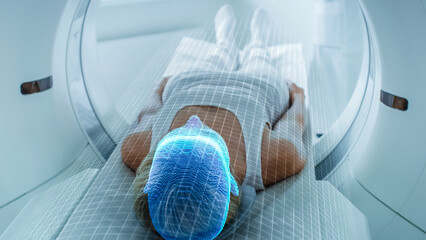 Female Patient Lying on CT or PET or MRI Scan Bed, Moving Inside the Machine While it Scans Her...