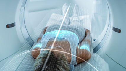 Female Patient Lying on CT or PET or MRI Scan Bed, Moving Inside the Machine While it Scans Her Brain and Body. Augmented Reality Concept with Visual Effects In Hospital Lab with High-Tech Equipment. - obrazy, fototapety, plakaty