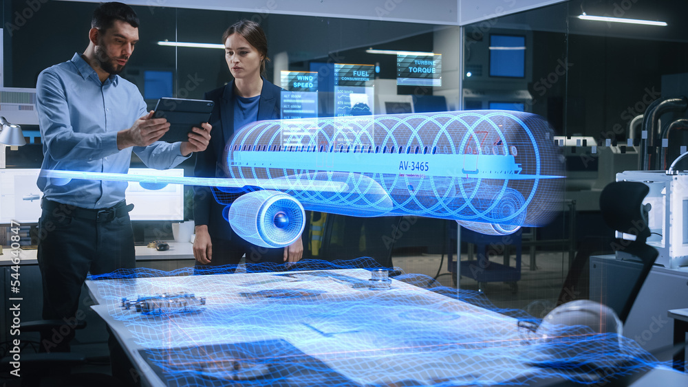 Poster aeronautics factory office meeting room: engineer holds tablet computer, showing augmented reality a