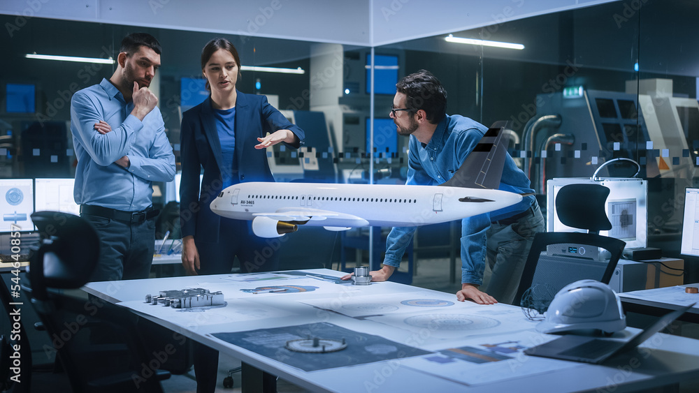 Aufkleber Aeronautics Factory Office Meeting Room: Team of Diverse Engineers and Managers Work on an Augmented Reality Airplane Jet Engine Simulation. Advanced Industry 4.0 Research and Development Test.