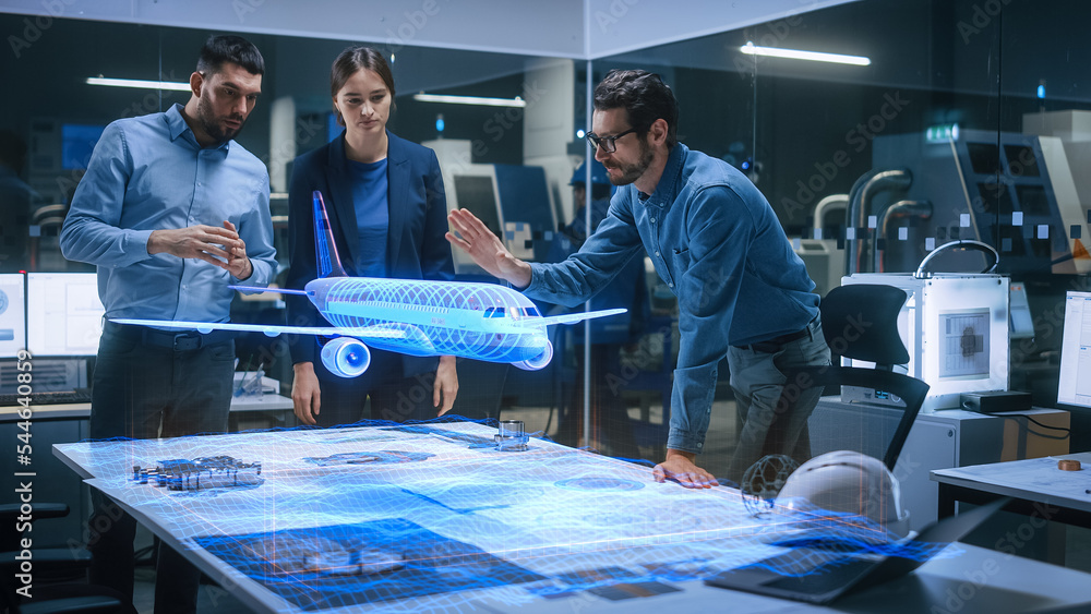 Aufkleber Aeronautics Factory Office Meeting Room: Team of Diverse Engineers and Managers Work on an Augmented Reality Airplane Jet Engine Simulation. Advanced Industry 4.0 Research and Development.