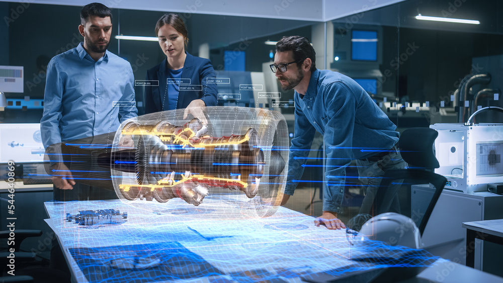 Poster Aeronautics Factory Meeting Room: Team of Diverse Engineers and Managers Work on an Augmented Reality Airplane Jet Engine Simulation. Advanced Industry 4.0 Research and Development.