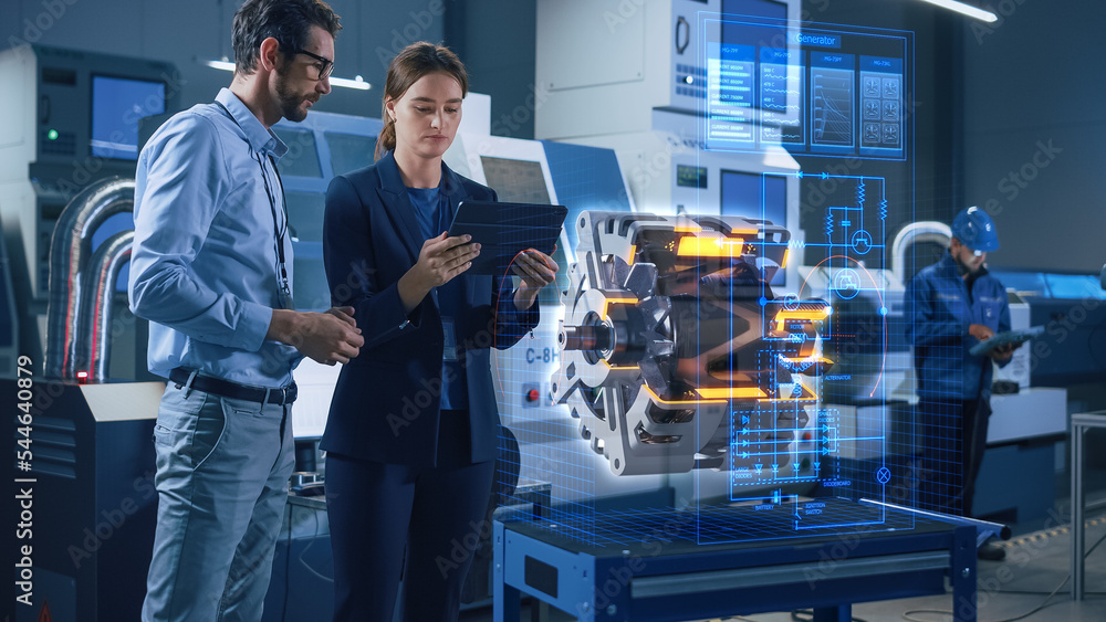 Poster factory office facility: chief engineer holds tablet computer, shows augmented reality model of an e