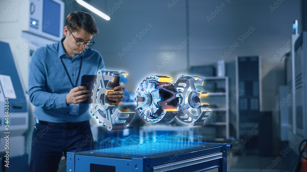 Poster factory office facility: chief engineer developer holds tablet computer, examins augmented reality m