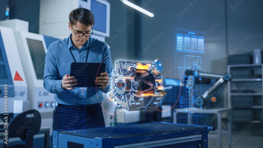 Poster factory office facility: chief engineer developer holds tablet computer, examins augmented reality m