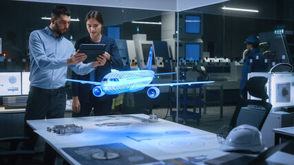 Aeronautics Factory Office Meeting Room: Engineer Holds Tablet Computer, Showing Augmented Reality Airplane Jet Engine to a Female Manager. Modern Industry 4.0 Research and Development Test. - obrazy, fototapety, plakaty