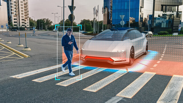 Self-Driving 3D Car Concept: Person Steps on a Crosswalk, Autonomous Vehicle Stops Before Him. Visualization of Safety Features: Scanning Surroundings, Detecting Pedestrian, Stopping before Crosswalk