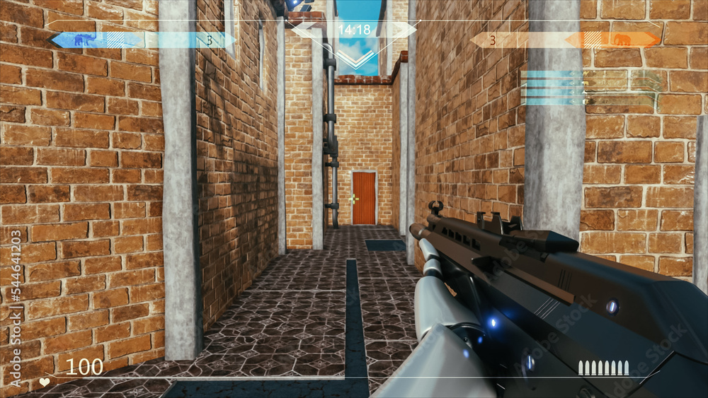 Poster mock-up of the sci-fi first person shooter. 3d game playthrough, fps with gun on a spaceship, war ag