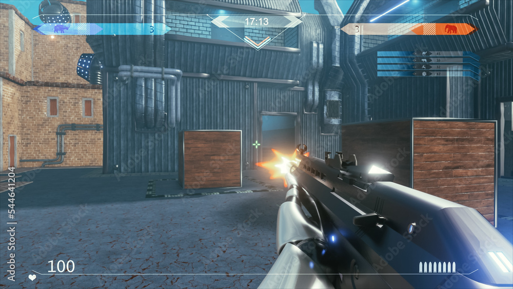 Poster mock-up of the sci-fi first person shooter. 3d game playthrough, fps with gun on a spaceship, war ag