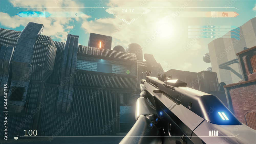Poster mock-up of the sci-fi first person shooter. 3d game playthrough, fps with gun on a spaceship, war ag