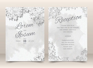 Fototapeta na wymiar Elegant Wedding Invitation Card Template Set with Hand Drawn Leaves