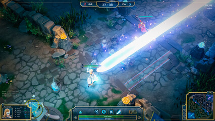 Mock-up of Fantasy RPG MOBA Video Game Gameplay with Role Playing Character Doing Magic Attacks with Lots of Explosions and Spells. Fun Computer Gaming With Friends on Online Server. - obrazy, fototapety, plakaty