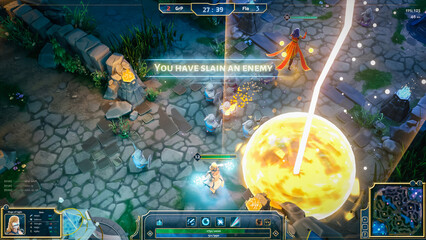 Mock-up of Fantasy RPG MOBA Video Game Gameplay with Role Playing Character Doing Magic Attacks with Lots of Explosions and Spells. Exciting Gaming With Friends on Online Server. © Gorodenkoff