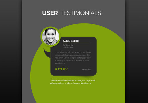 Testimonial, website feedback or review layout template with green accent