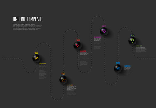 Infographic dark dotted curved timeline template with sphere elements