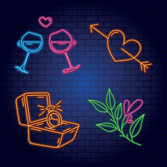 Neon set of romantic evening elements. Wine in glasses for two, a sprig of flowers, a ring in a box with a diamond and a heart symbol with an arrow. Vector illustration on brick wall background