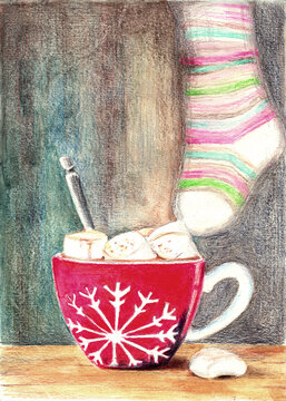 Watercolor pencil illustration of a red cup decorated with a white snowflake with cocoa and marshmallows, with a Christmas sock in the background