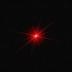 Red neon line, star burst. Light lines. Blurred lens light effect on transparent background.