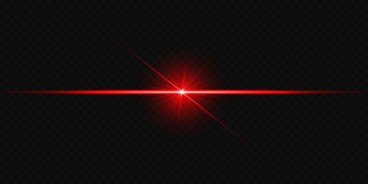 Red neon line, star burst. Light lines. Blurred lens light effect on transparent background.