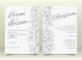 Beautiful Wedding Invitation Card Template Set with Hand Drawn Floral and Leaves