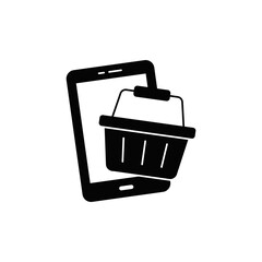 Mobile shopping icon in black flat glyph, filled style isolated on white background