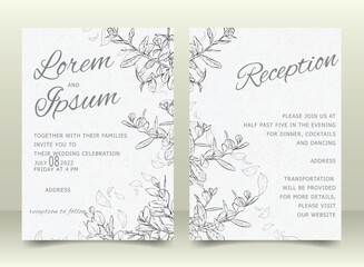 Elegant Wedding Invitation Card Template Set with Hand Drawn Leaves