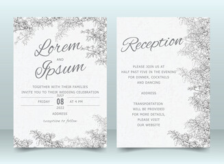 Elegant Wedding Invitation Card Template Set with Hand Drawn Leaves