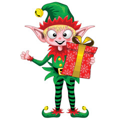 Elf niedlich und glücklich Zeichentrickfigur hält eine Weihnachtsgeschenkbox Vektor-Illustration isoliert auf weiß