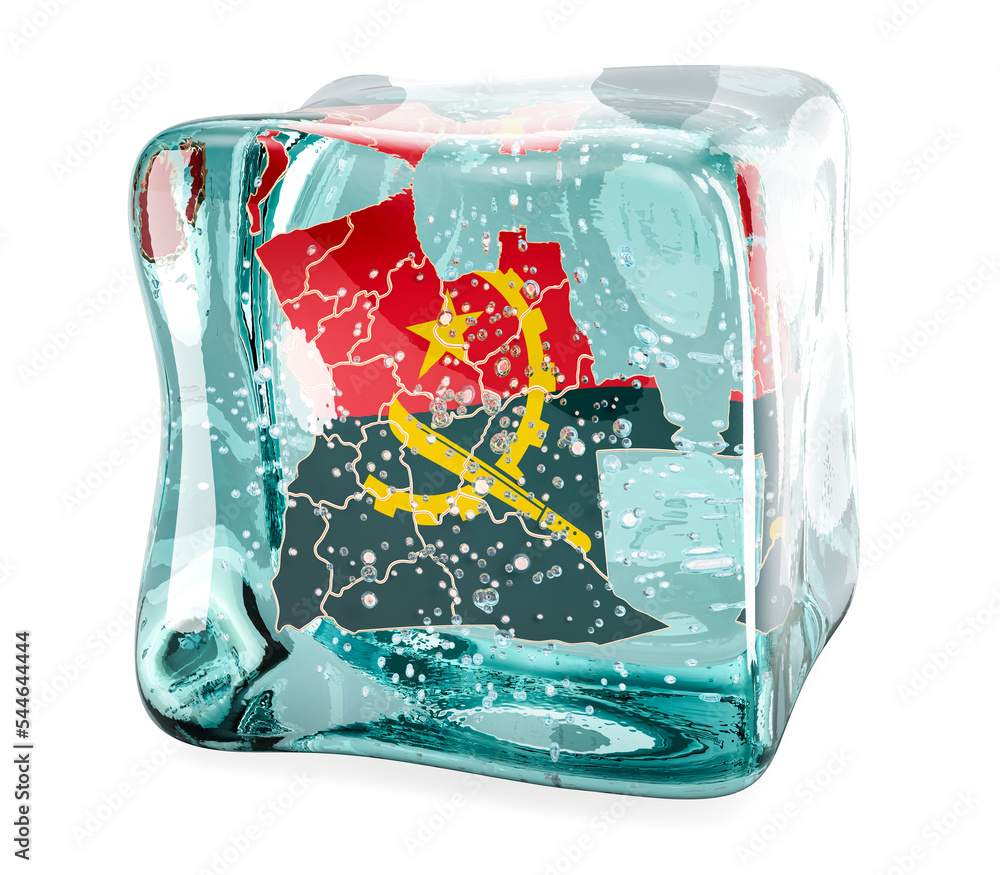 Poster angolan map frozen in ice cube, 3d rendering