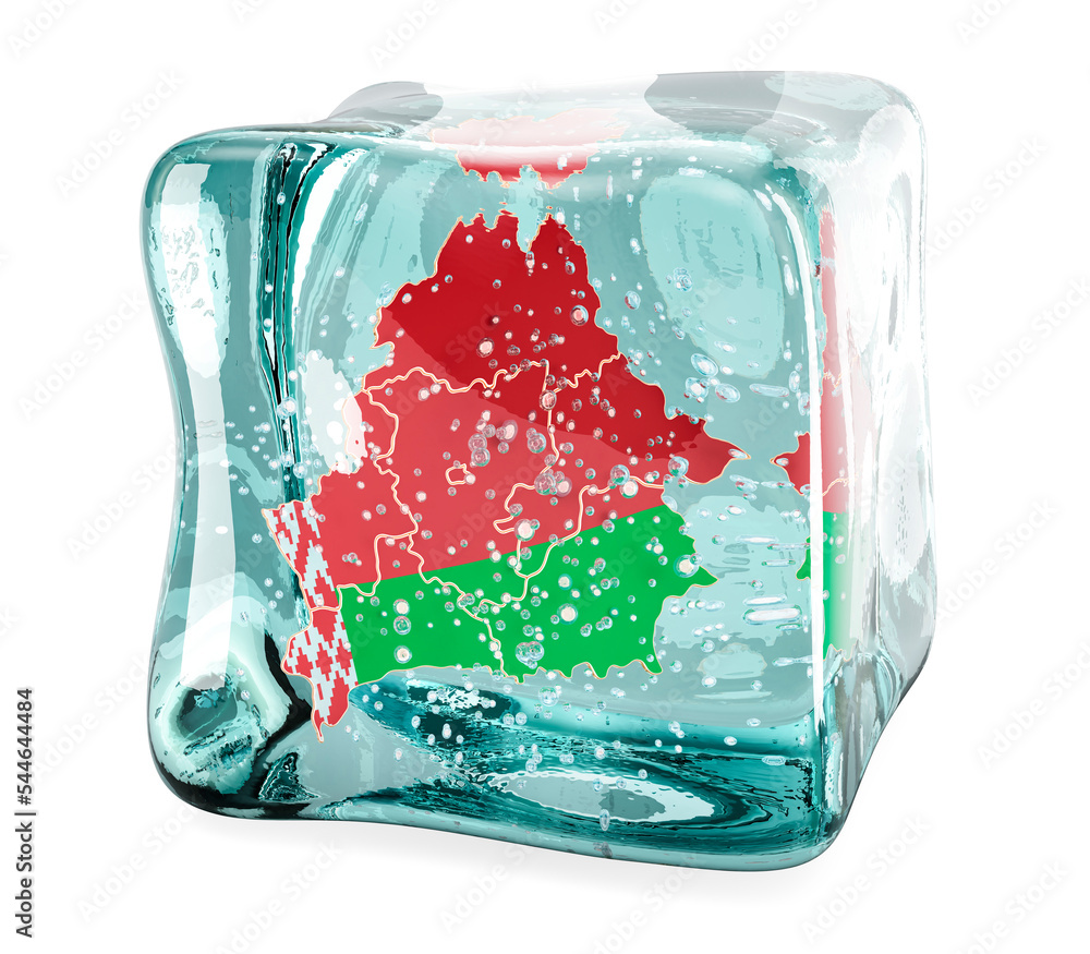Poster belarusian map frozen in ice cube, 3d rendering
