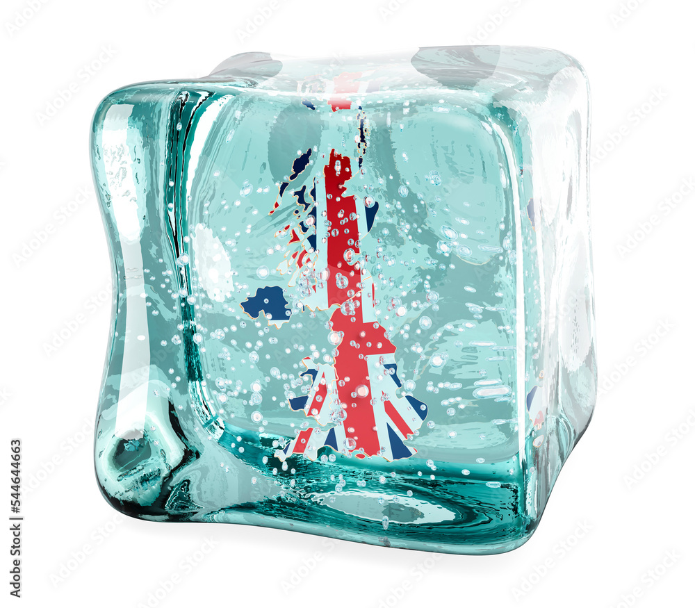 Poster british map frozen in ice cube, 3d rendering