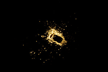 Golden blurred bokeh lights on black background. Glitter sparkle stars for celebrate. Overlay for...