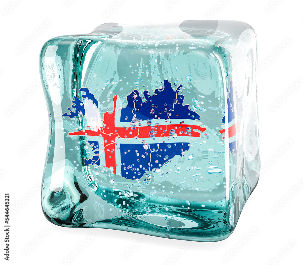 Poster icelandic map frozen in ice cube, 3d rendering