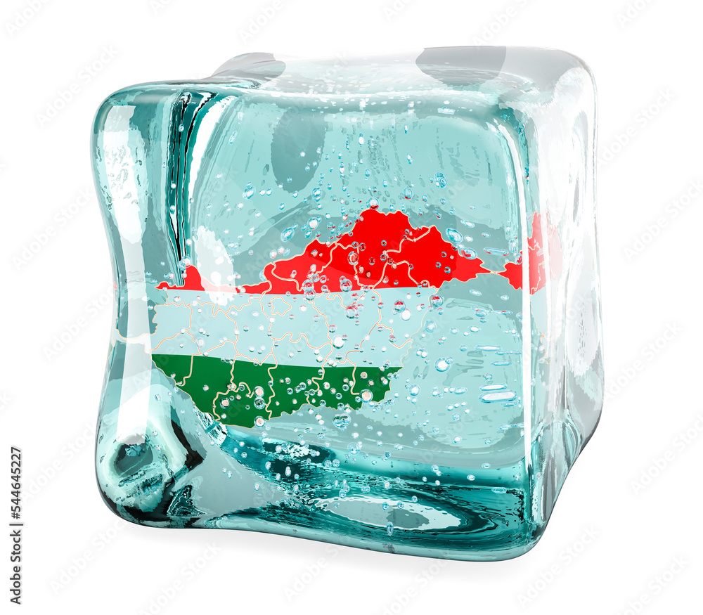 Poster hungarian map frozen in ice cube, 3d rendering