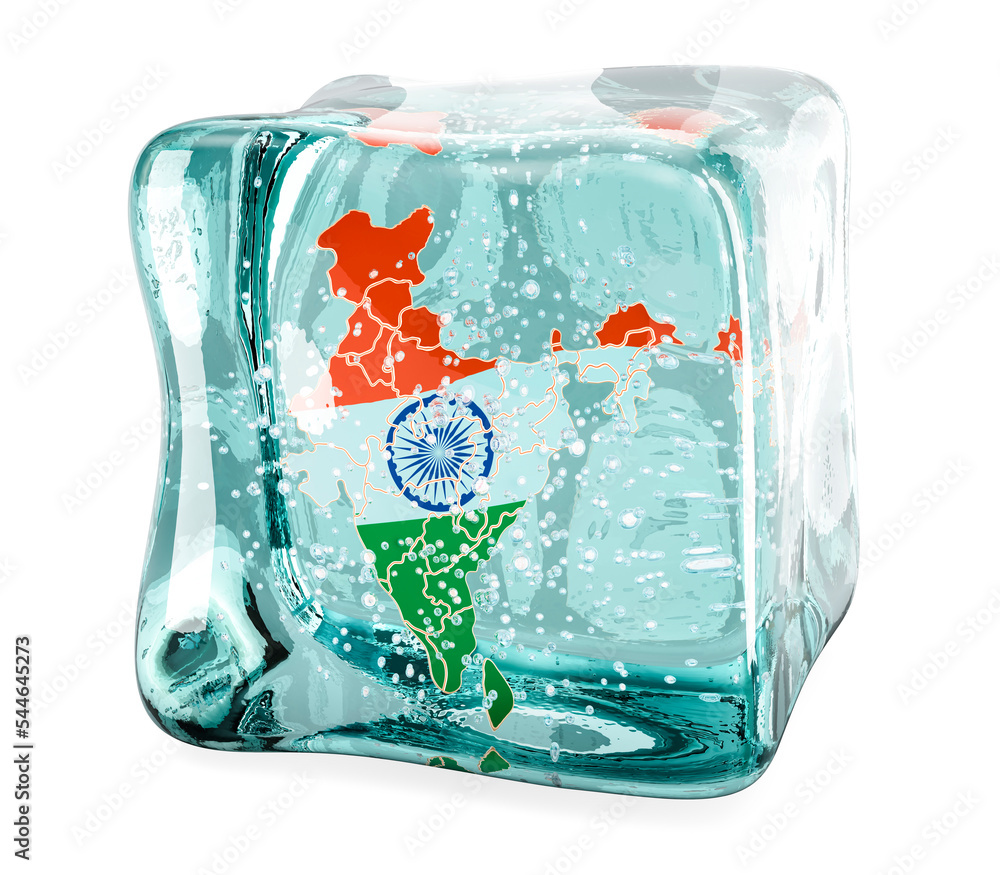 Poster indian map frozen in ice cube, 3d rendering