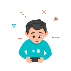 Little boy character with smartphone in hands. Addiction of smart technologies. Cartoon vector Illustration