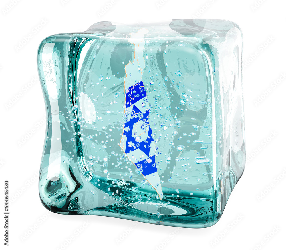 Poster israeli map frozen in ice cube, 3d rendering