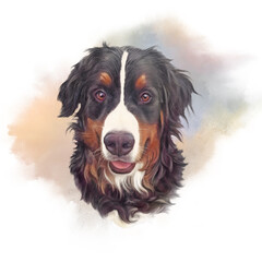 Bernese Mountain Dog. Realistic Portrait of Berner Sennenhund on watercolor background. Large Dog Breeds. Animal art collection: Dogs. Hand drawn pet illustration. Good for T-shirt, pillow, pet shop