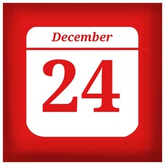 Square calendar in white color with a red background, with the Christmas numbers of the month of December, Christmas date.