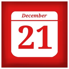 Square calendar in white color with a red background, with the Christmas numbers of the month of December, Christmas date, december 21.