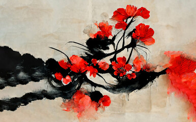 Japanese ink calligraphy painting. Black and red illustration painted with brush