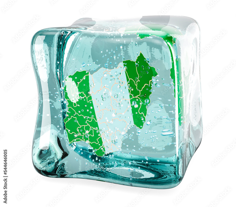 Aufkleber nigerian map frozen in ice cube, 3d rendering